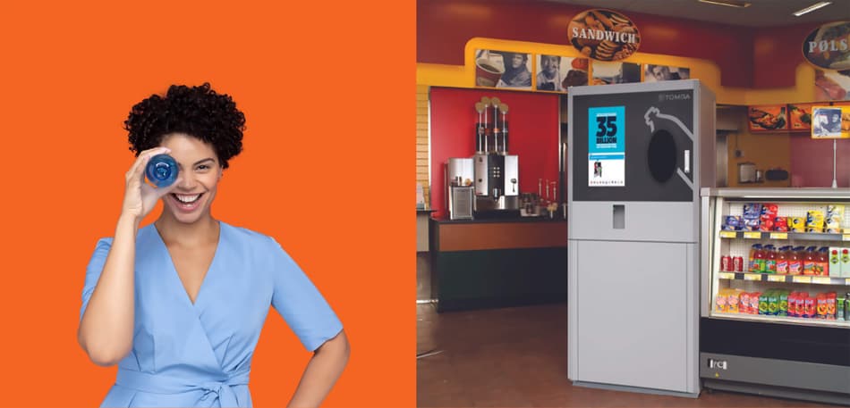women in orange background holding a bottle and a h10 machine
